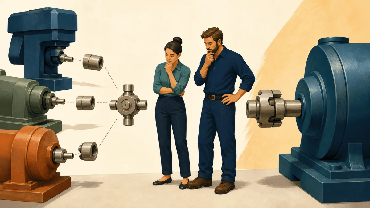 Professionals comparing a universal coupling with several adapters against one direct custom machine fitting