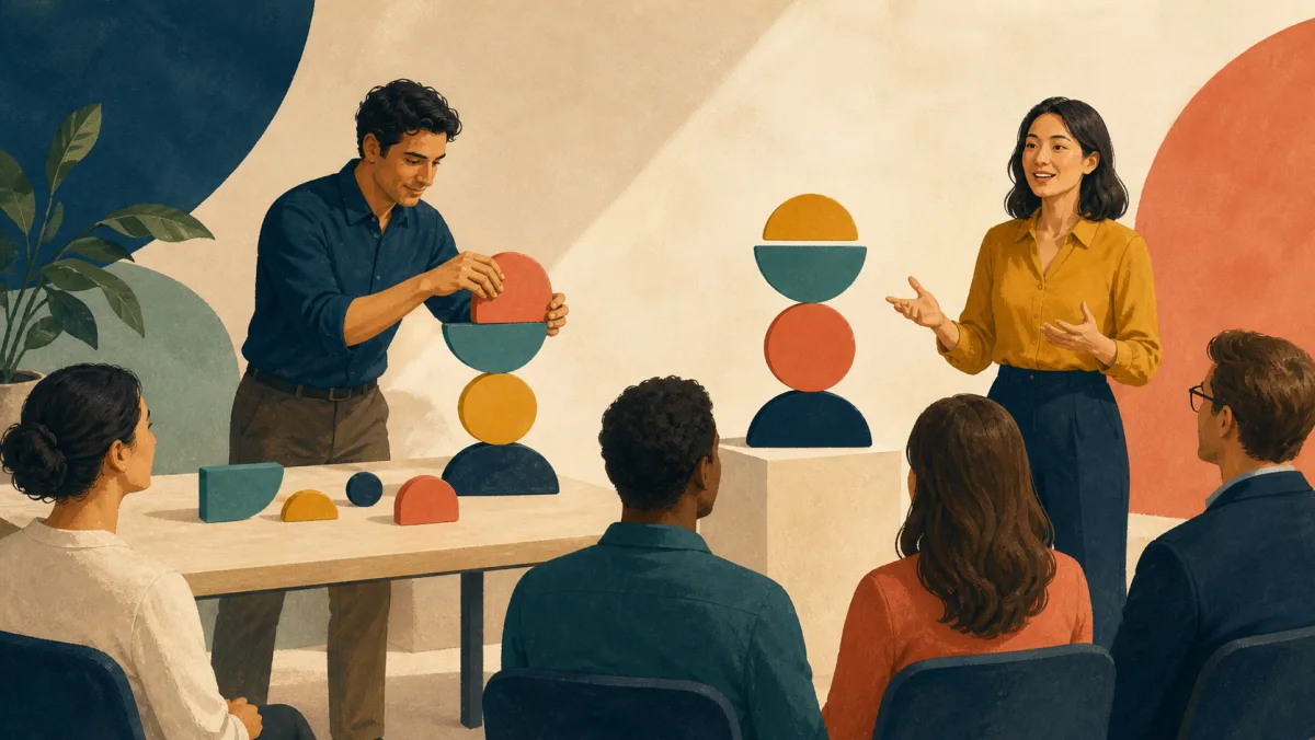 Professional assembling ideas into a clear form beside a confident presenter explaining a coherent arrangement