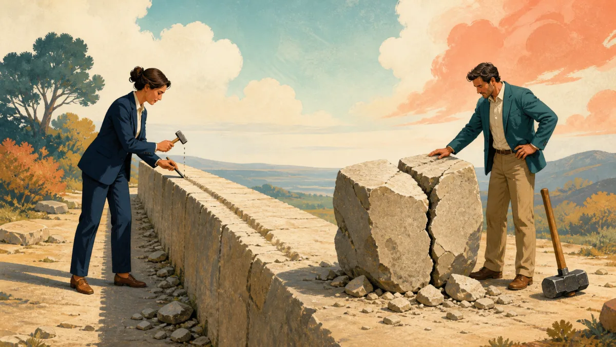 Professional making small repeated cuts along stone beside a colleague inspecting one sudden split
