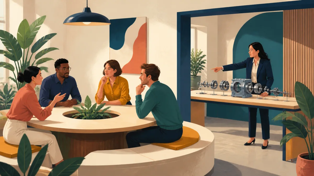Colleagues revisiting a circular workspace beside a compliance professional indicating a precise mechanical step