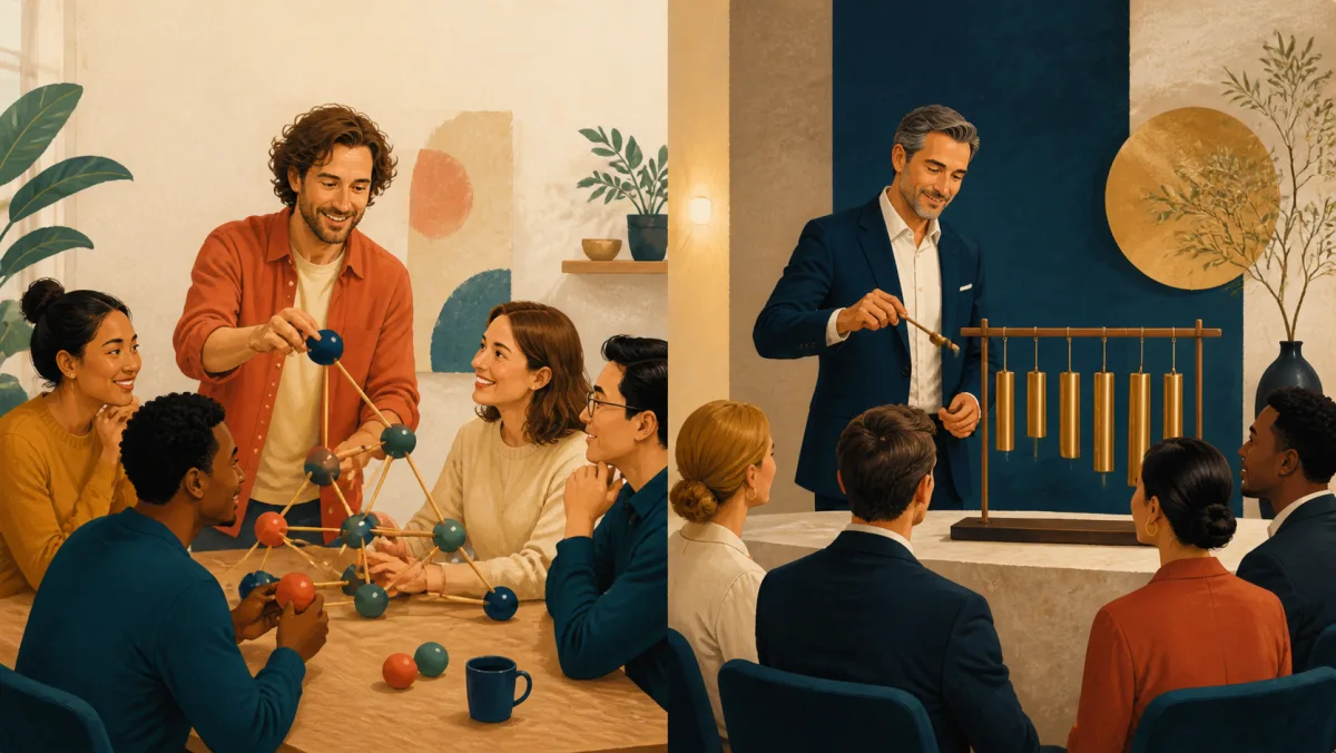 Informal presenter connecting a shared structure beside a formal presenter activating matching chimes