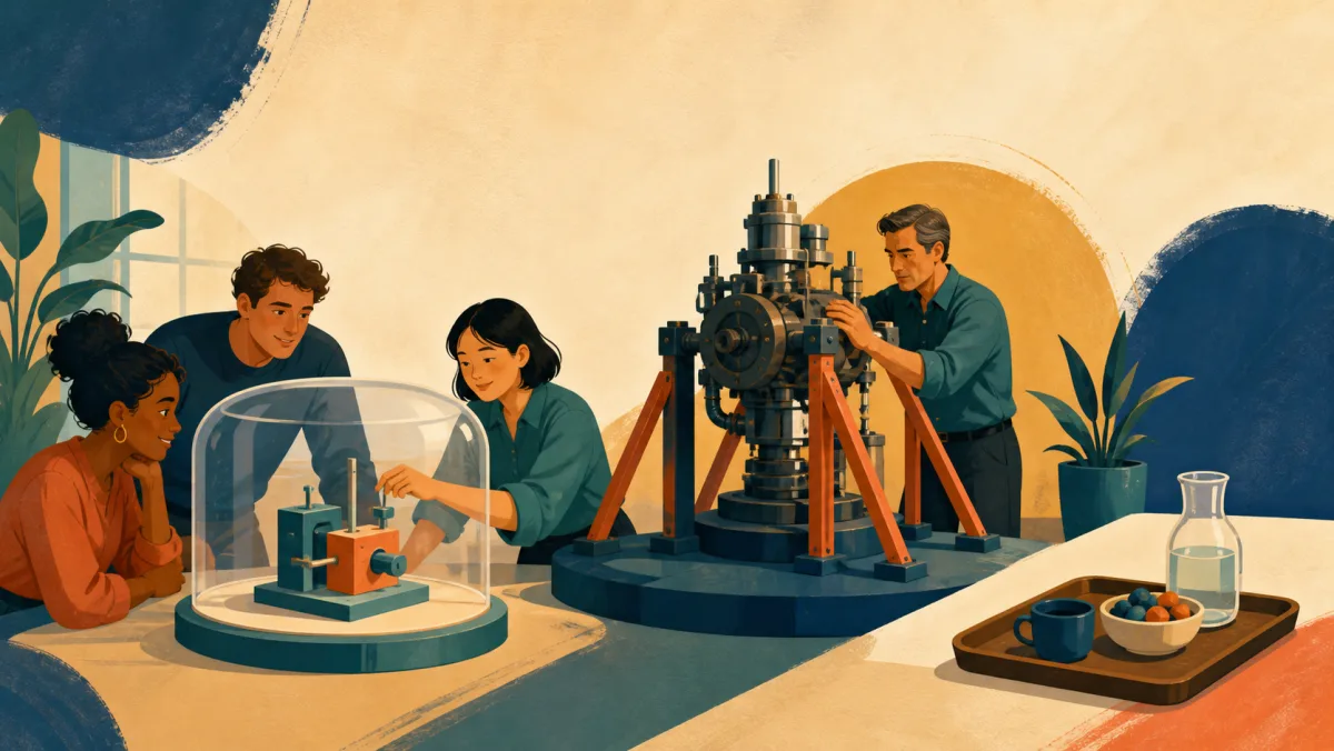 Product team testing a contained pilot beside a specialist stabilizing a larger uncertain mechanism
