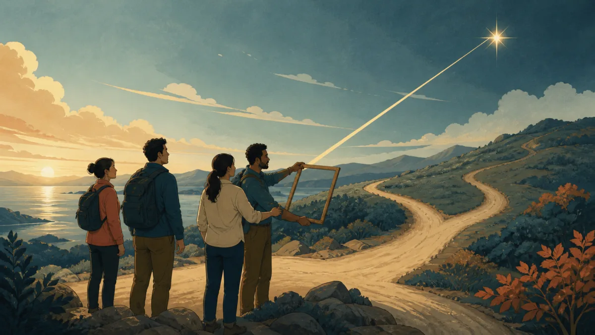 Team using a decision frame at a branching route while keeping sight of one enduring distant star