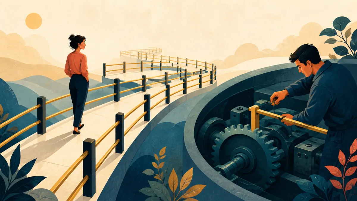 Broad experiment path bounded by many rails beside a technician adding one specific machine guardrail