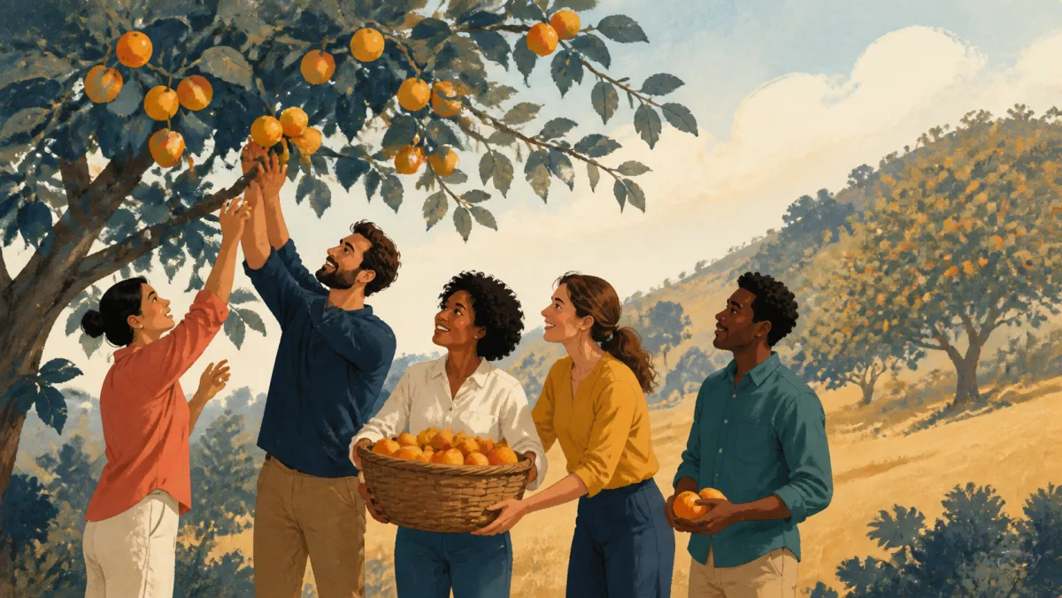 Professional team gathering an accessible cluster of fruit from low branches into one shared basket