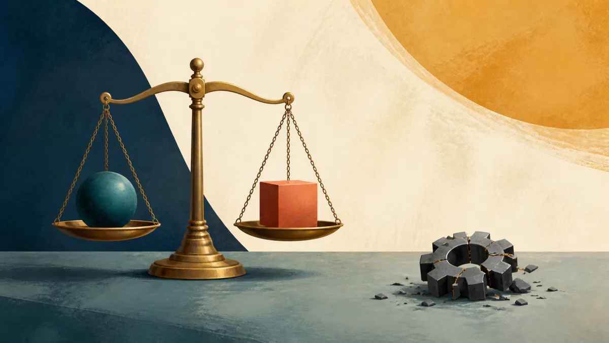 A balanced scale holding two deliberate choices beside a broken gear that sits outside the exchange