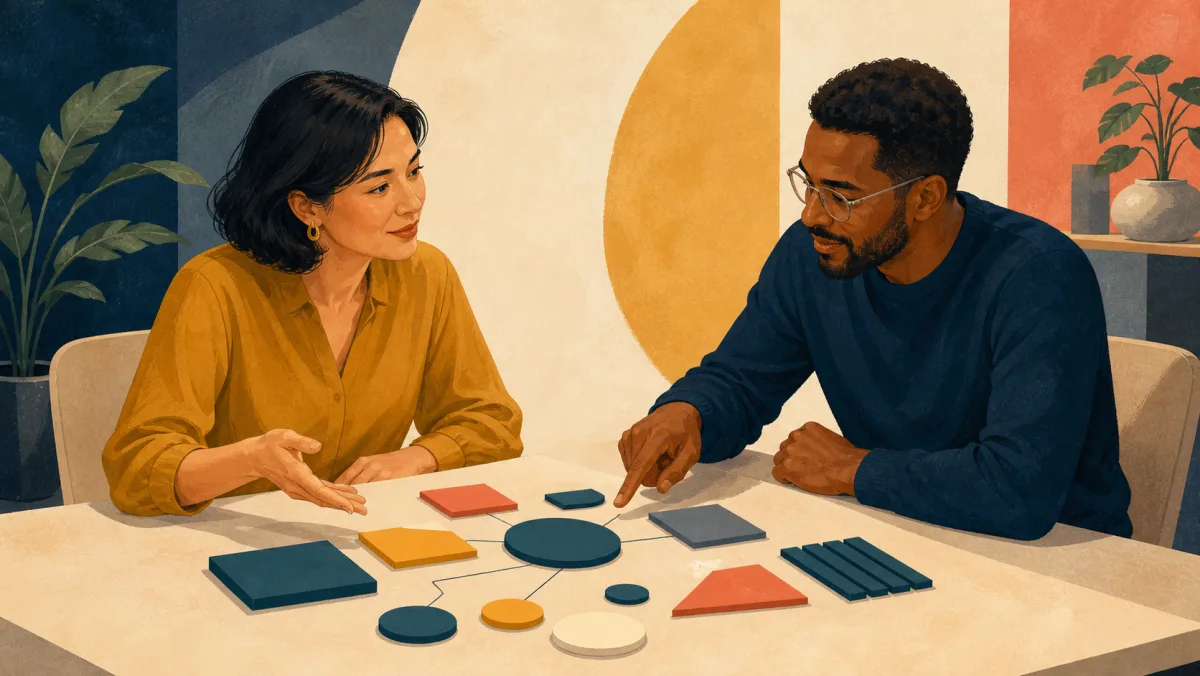 Two colleagues discussing the clear structure of geometric ideas arranged on a table