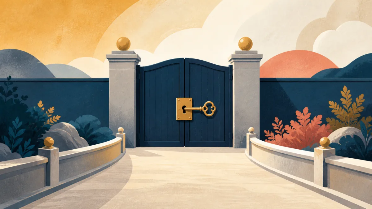 A path with curved rails leading to a firmly locked gate with a precise key