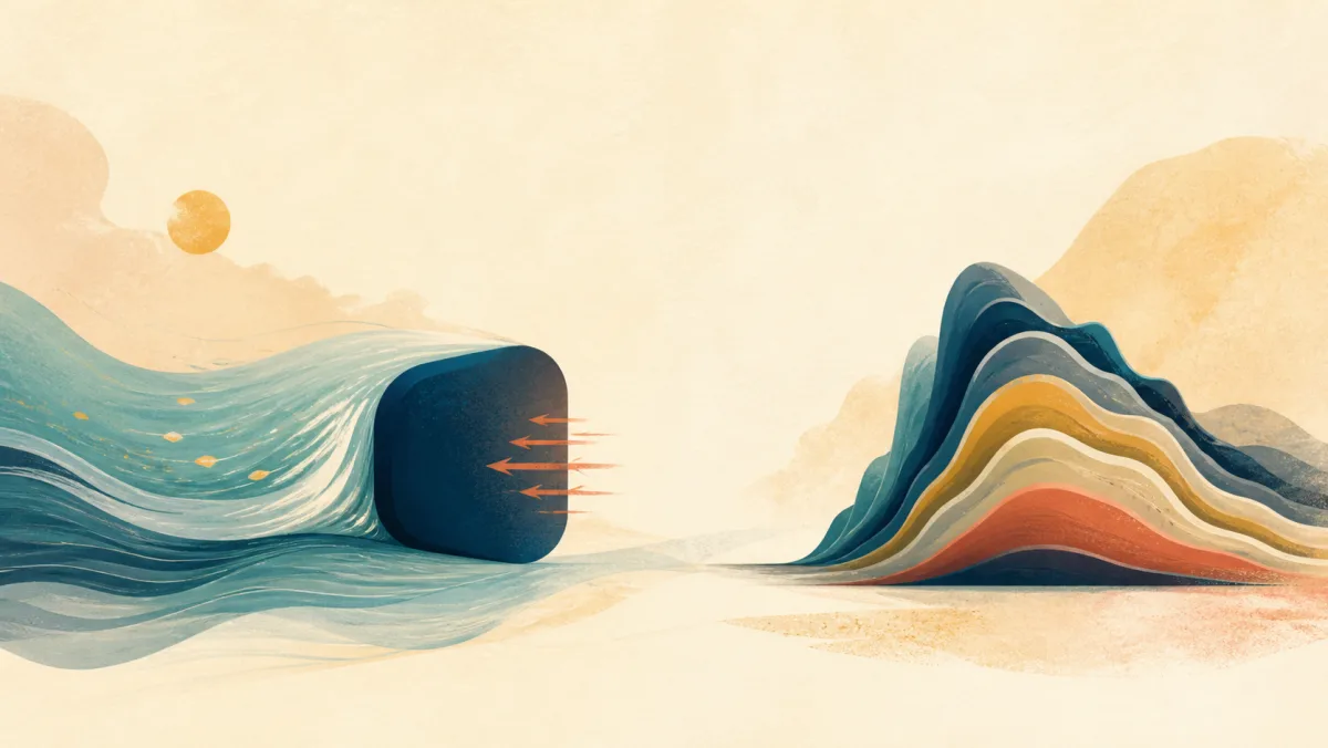 A flowing wave pushing against a solid block beside a layered ridge of accumulated resistance