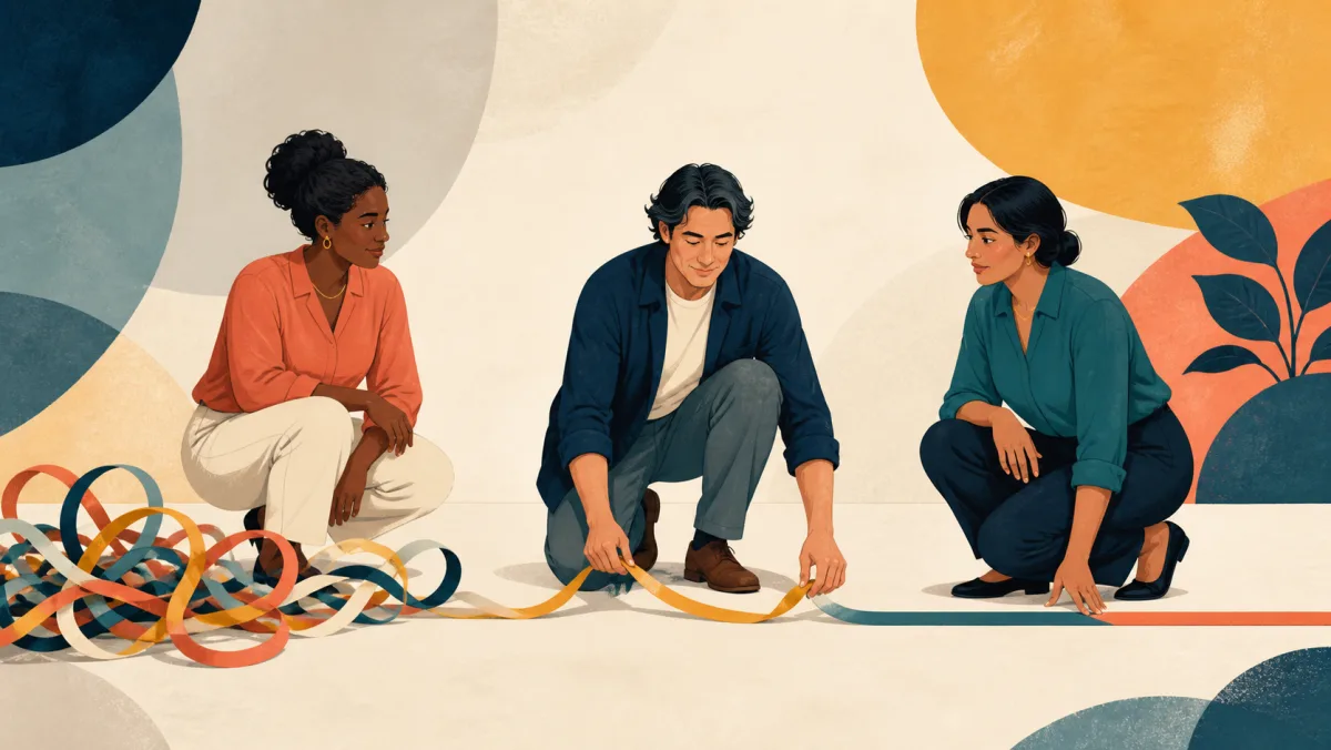 Three equal colleagues calmly straightening a tangled ribbon into a clear line