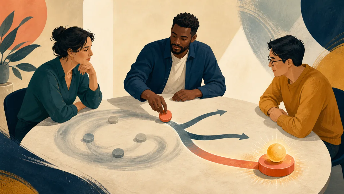 Three colleagues moving a decision token from a vague circle toward a clear branching choice