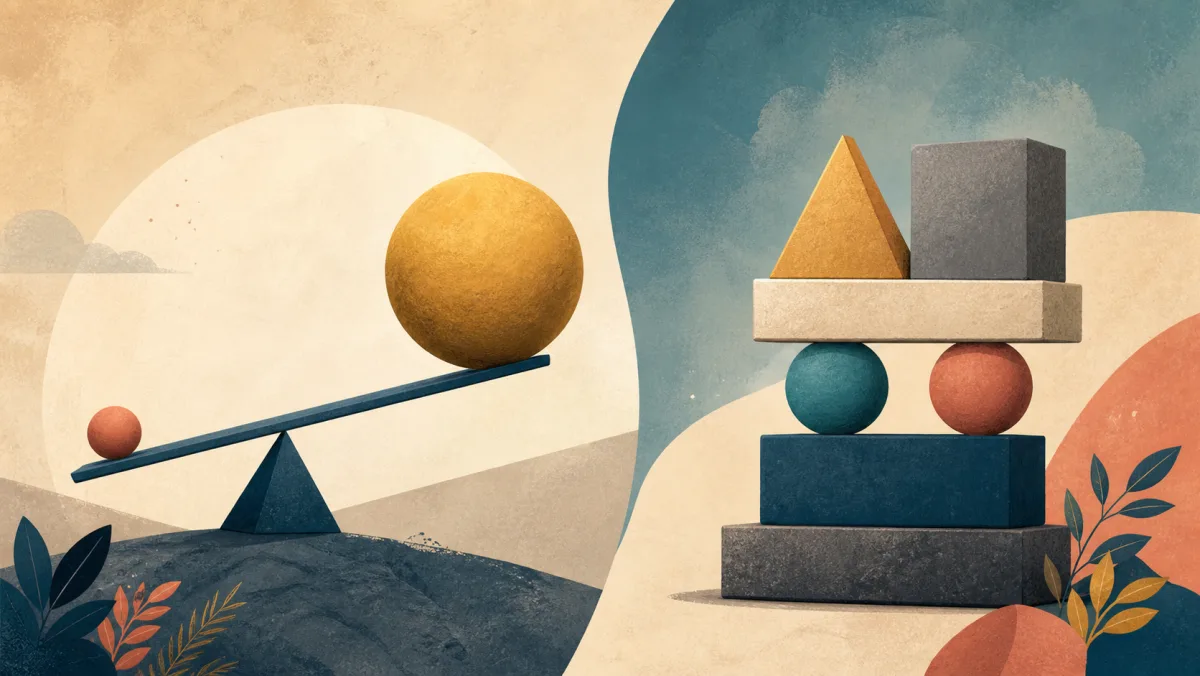 A physical lever lifting a large sphere beside a balanced structure of weighted geometric blocks