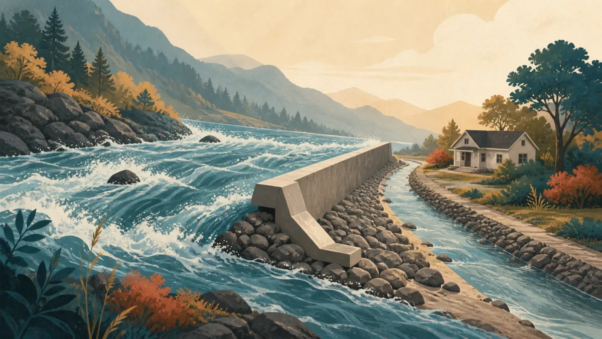 A barrier redirecting most of a strong river while a smaller controlled stream remains visible