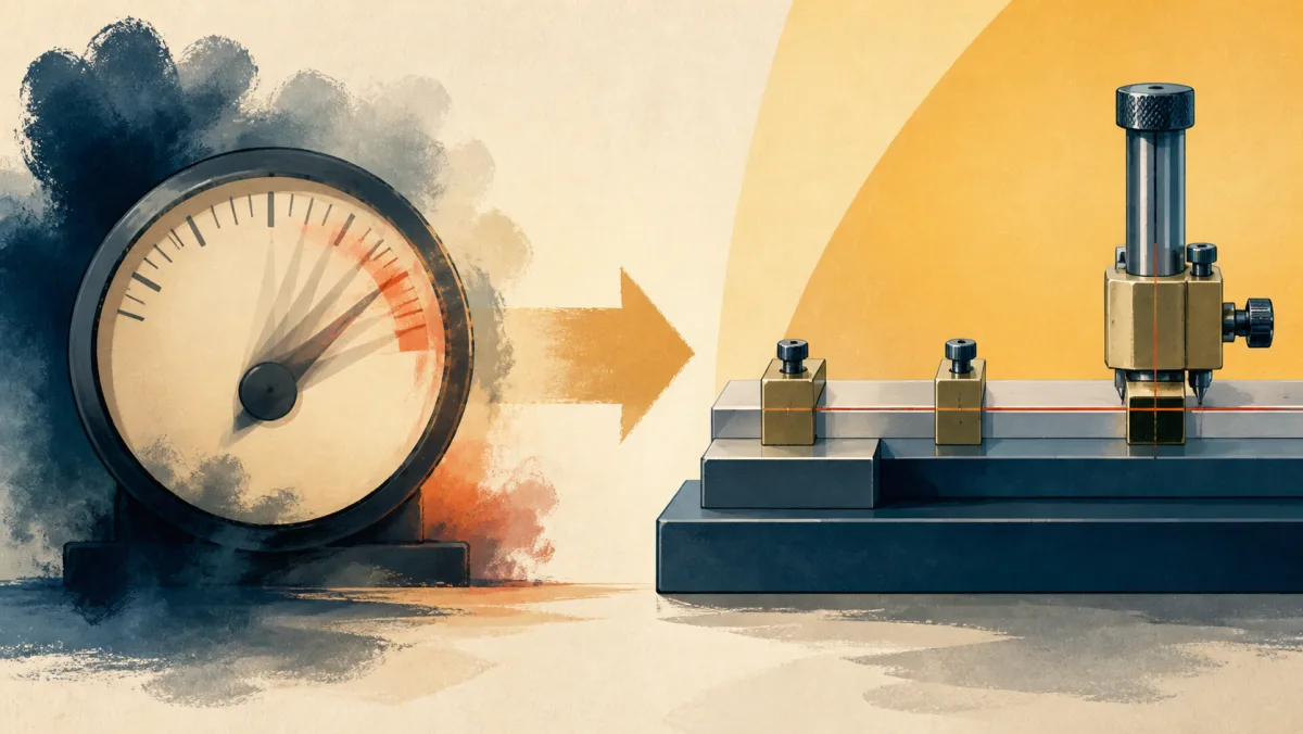 An indistinct analog gauge contrasted with a precise aligned measuring fixture