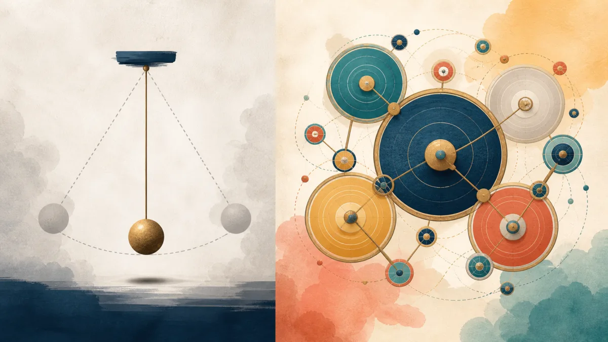 A single pendulum beside a coordinated system of many interlocking circular mechanisms