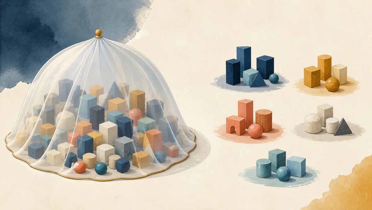 A broad canopy covering one category of objects beside the same objects separated into groups