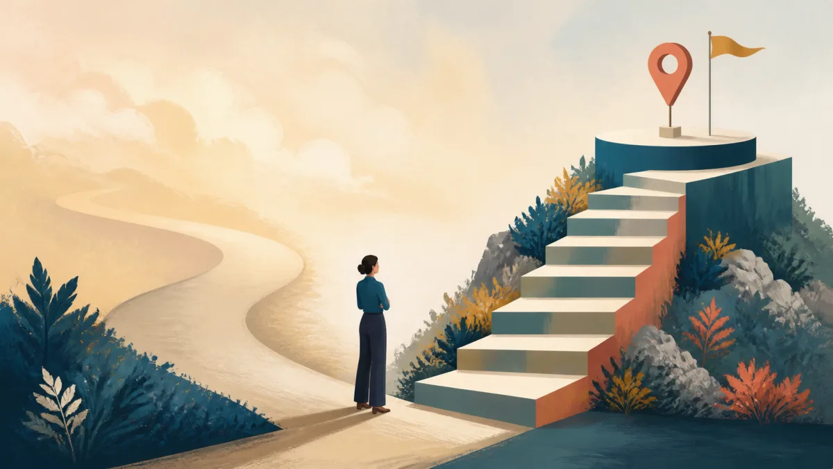 A vague rising path contrasted with precise steps reaching a defined milestone platform