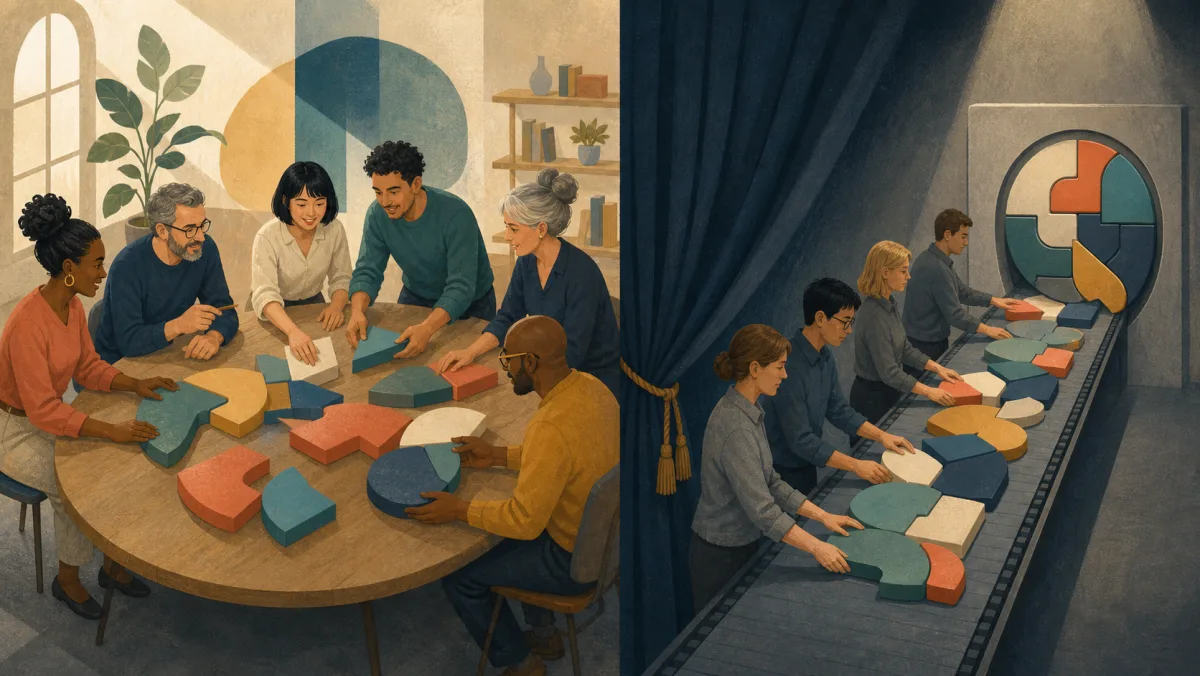 An open group rearranging pieces contrasted with a hidden pipeline forcing pieces into one outcome