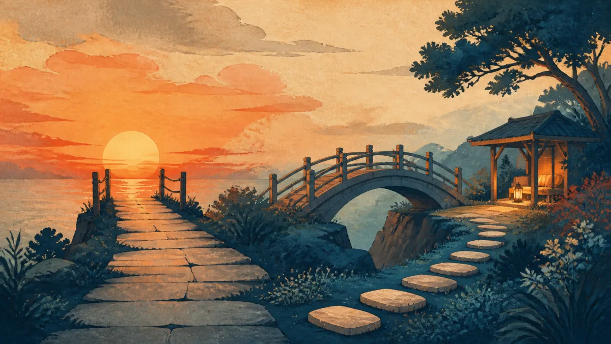 A path ending at sunset beside a replacement bridge, stepping stones, and a lit shelter