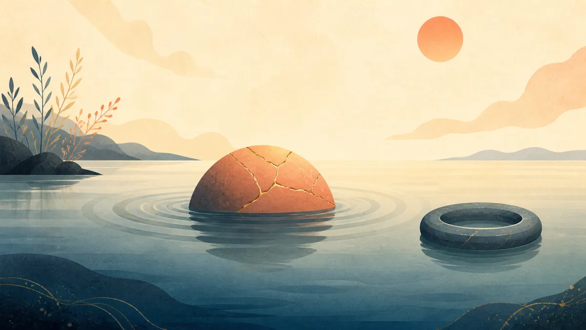 A cracked rounded form naturally emerging from calm water beside a detached empty loop