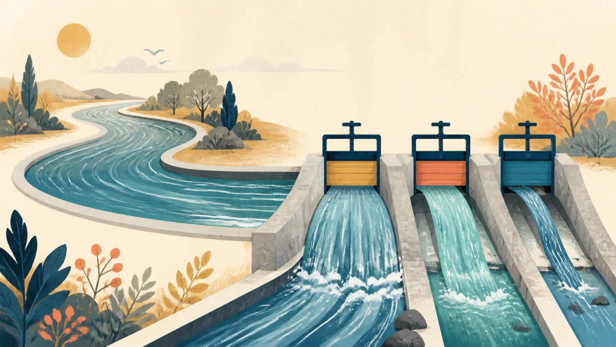 One continuous stream divided through three gates into distinct visible flow rates