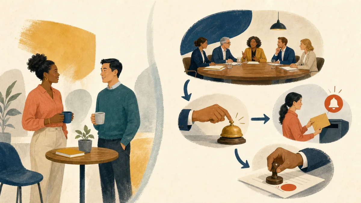 A casual colleague check-in contrasted with a formal sequence of meeting and notification actions
