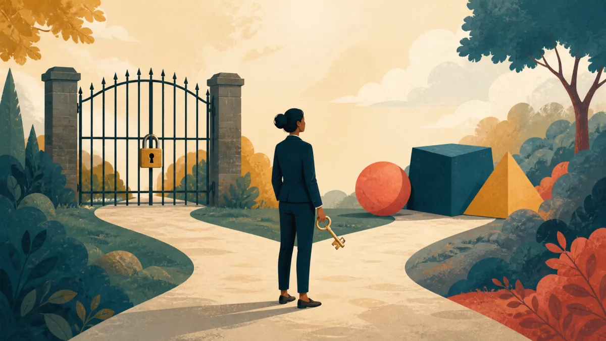 A professional choosing between a locked access gate and a work path blocked by geometric obstacles