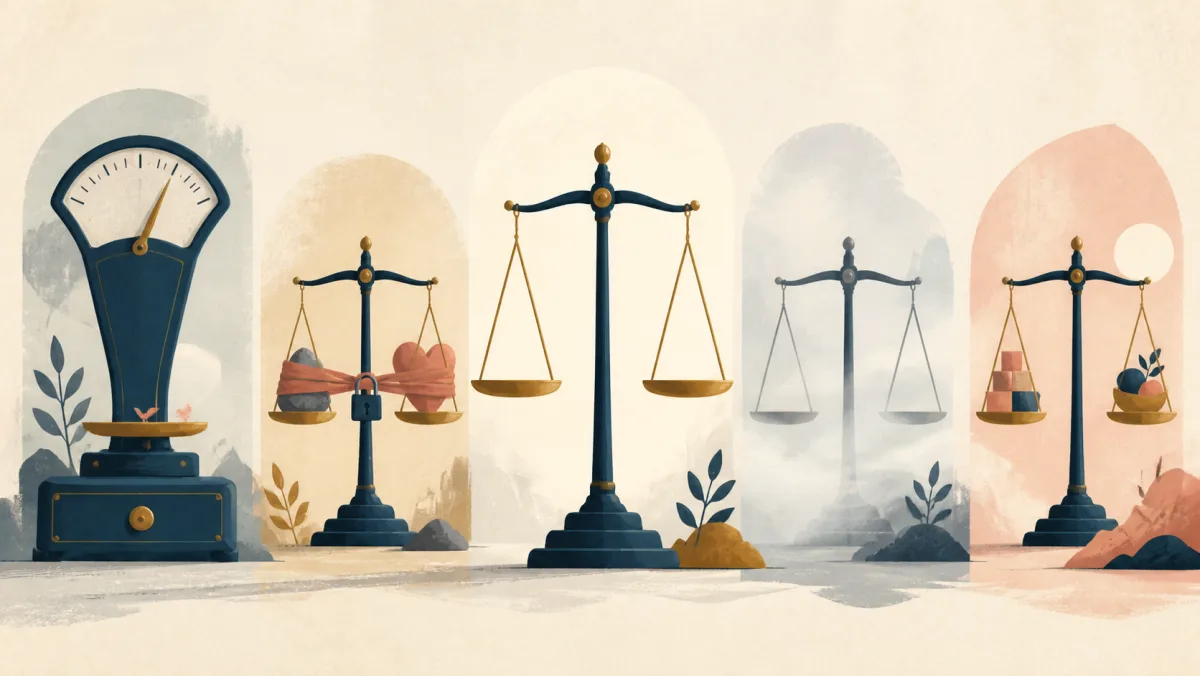 Several miscalibrated balances contrasted with one clear proportional exchange