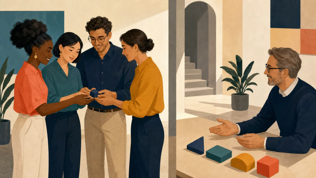 An internal group sharing one compact token while an outside partner receives the idea as four clear pieces