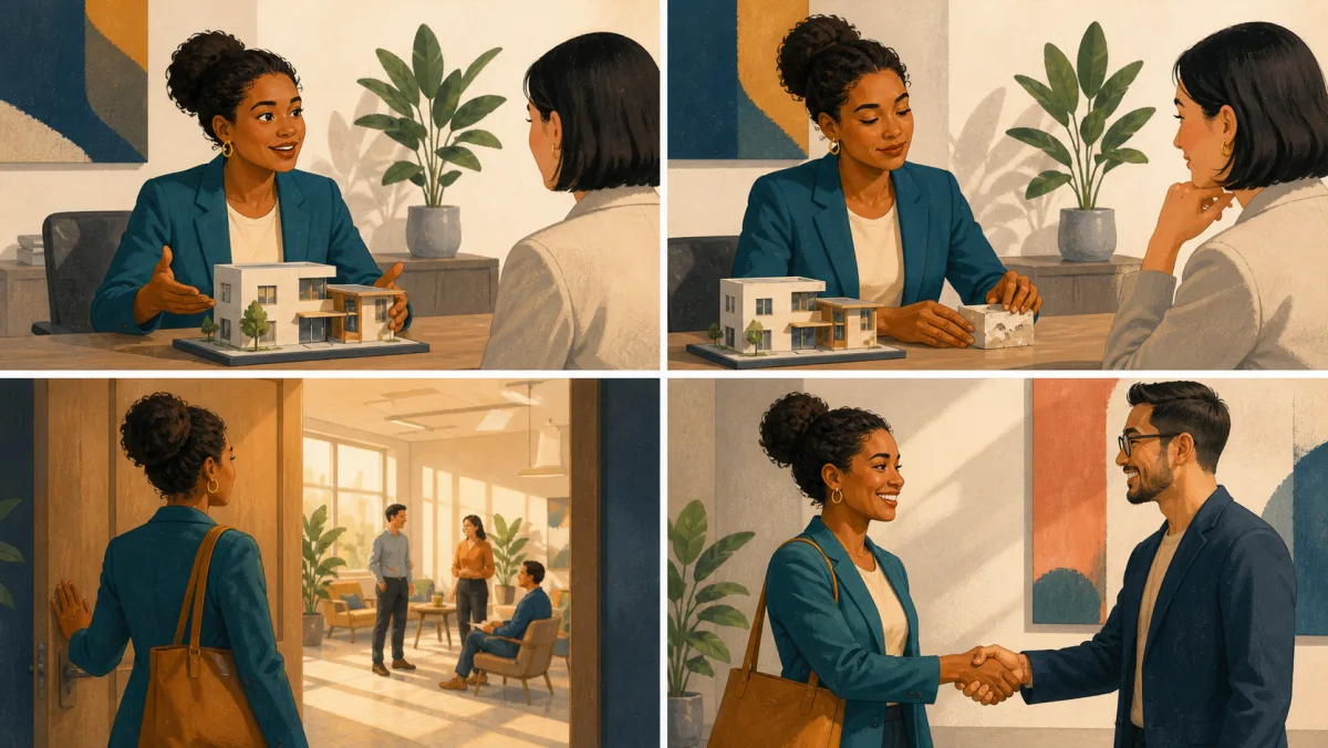 A professional presenting a project, acknowledging an imperfect piece, considering the workplace, and closing with a handshake