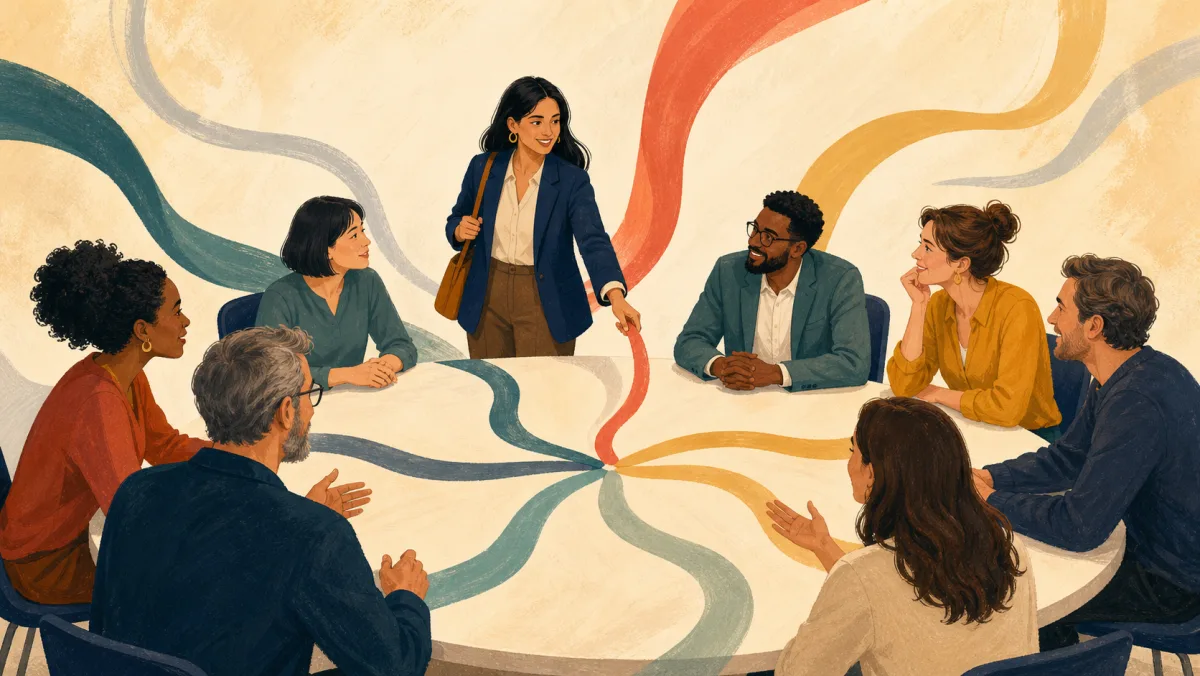 A professional joining a roundtable by connecting a new ribbon to the group’s flowing conversation