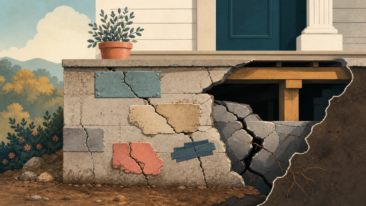 Repeated failed patches on a cracked foundation revealing a deeper structural break