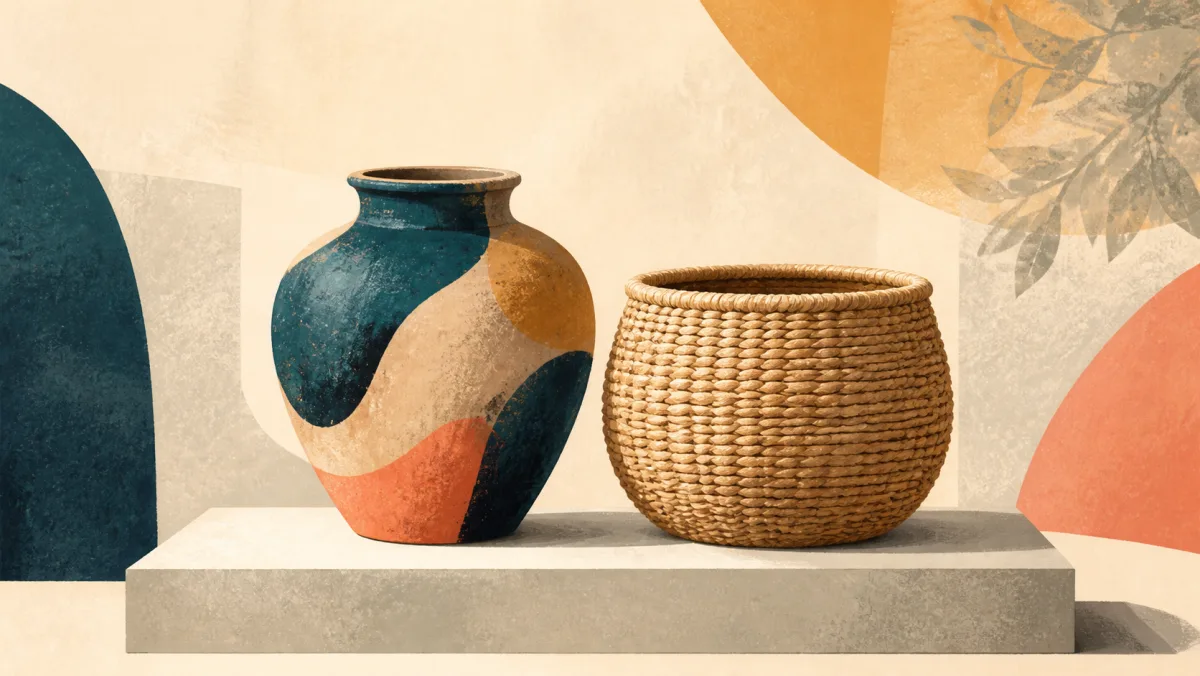 A painted ceramic vase and woven basket placed closely together for neutral comparison