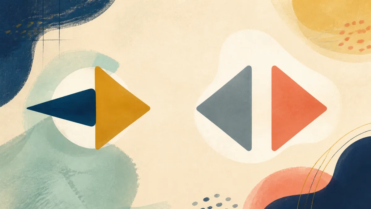 Two overlapping directional forms beside two separate opposing forms placed together