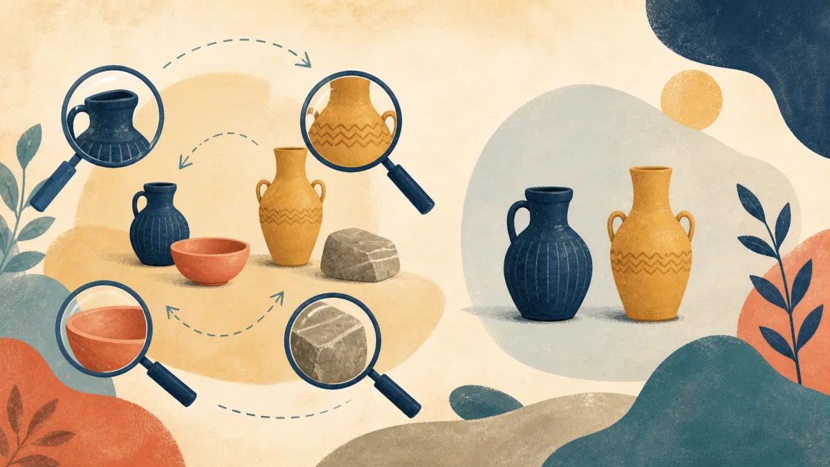 Several vessels examined through lenses beside two vessels simply placed side by side