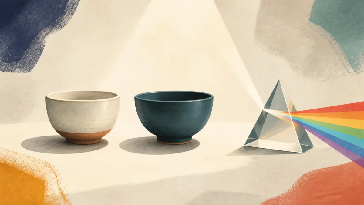 Two bowls placed together under neutral light beside a prism splitting light into distinct colors