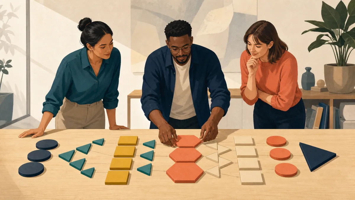 A professional arranging distinct plan pieces in a clear sequence while colleagues follow