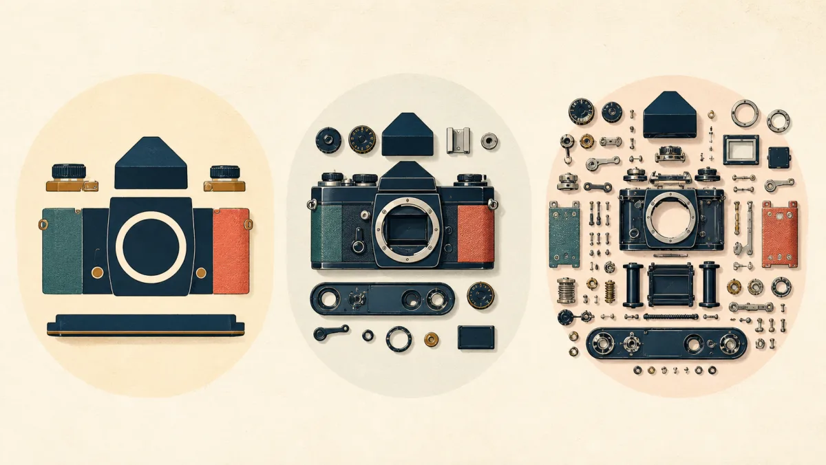 The same camera shown as a simple form, an orderly assembly, and a fully opened mechanism