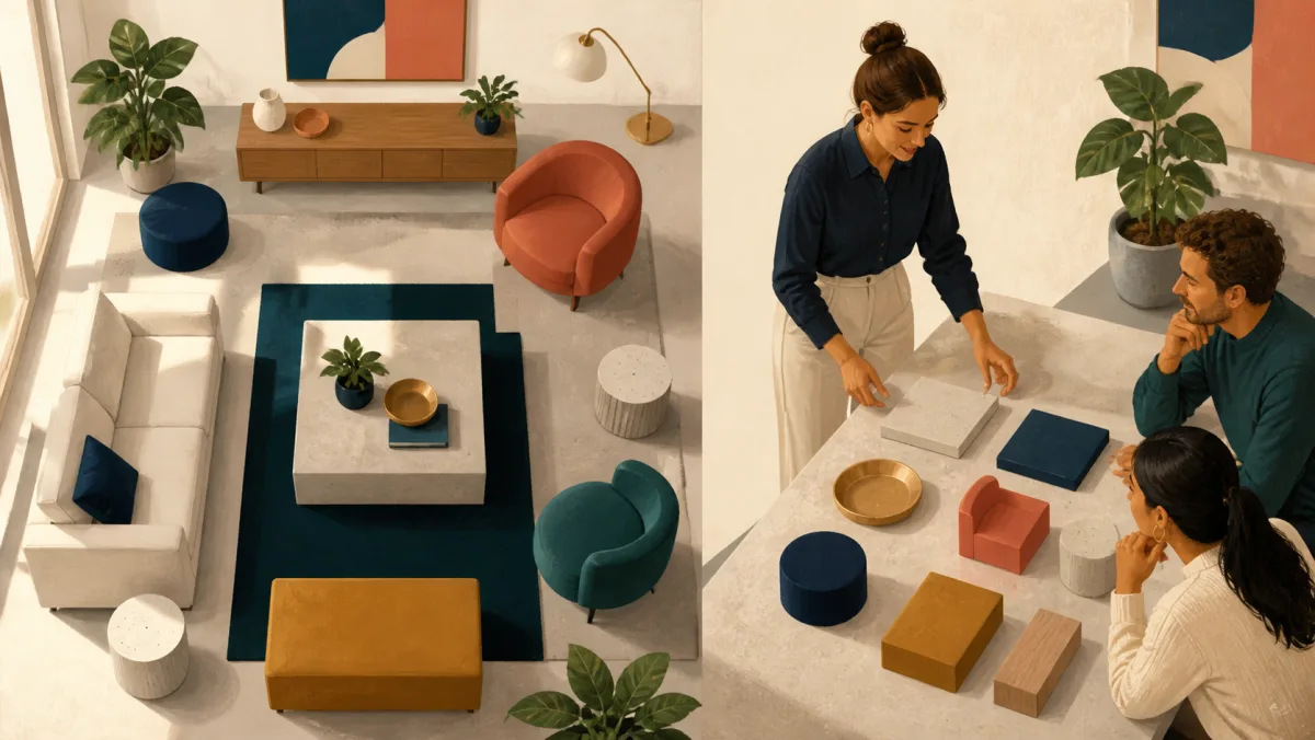 A completed room arrangement beside a professional actively arranging its component pieces