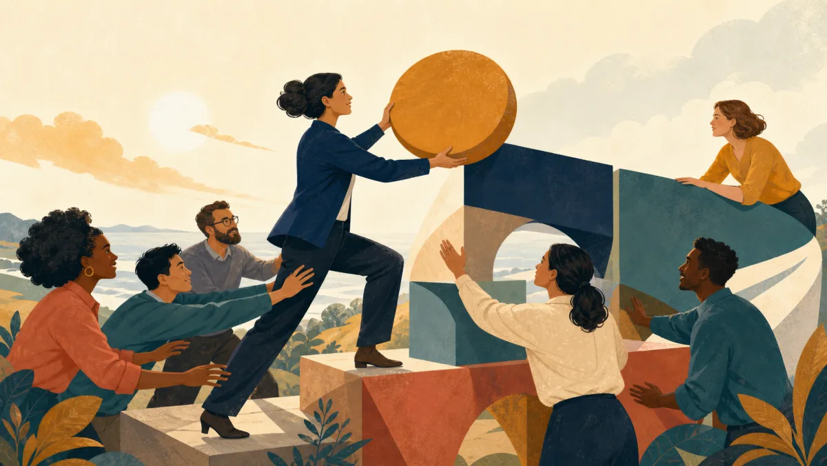 A professional lifting the central piece of a shared structure as colleagues help propel it forward