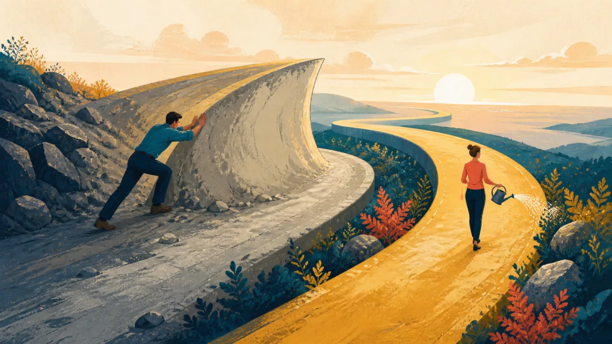 One professional pressing into a resistant curved path while another strengthens a promising route
