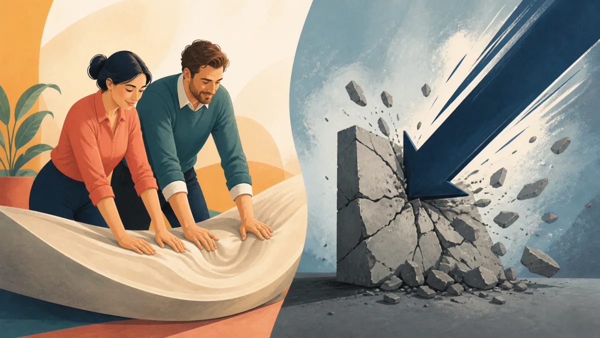 Two colleagues constructively pressing a flexible surface beside a harsh force breaking stone