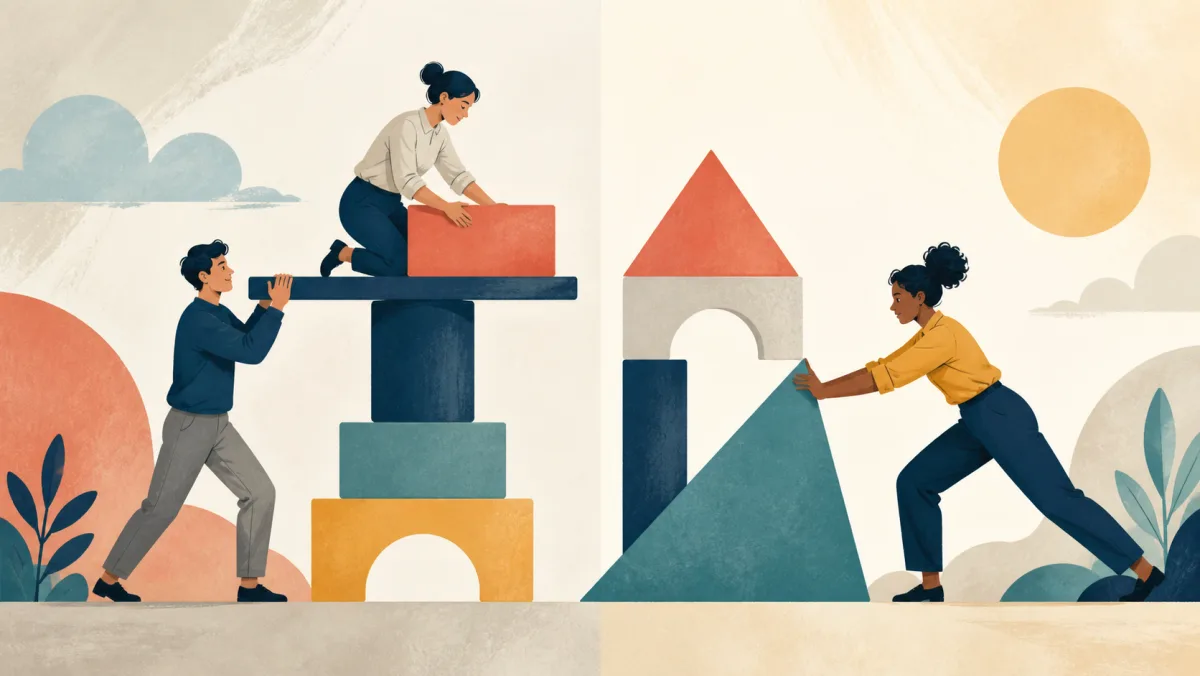 Colleagues relying on a shared support beside a professional pushing her own project structure forward
