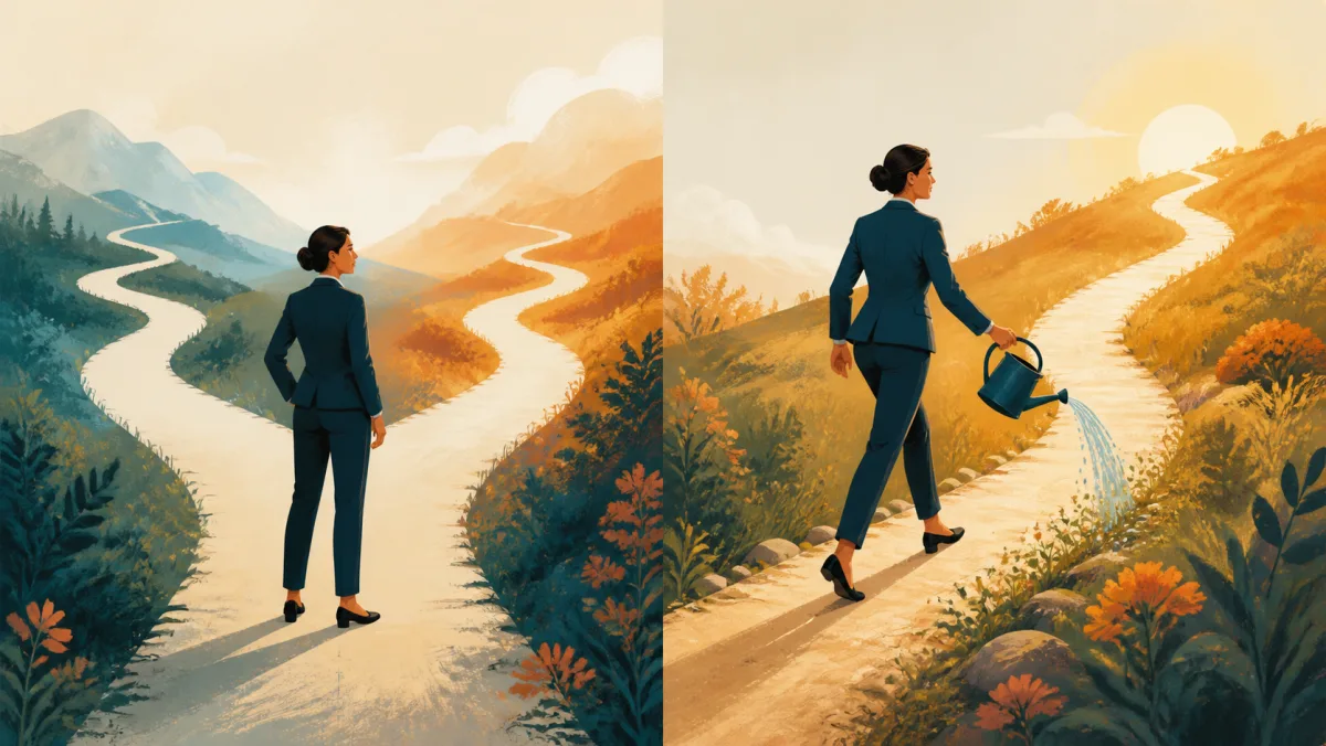 A professional considering two open paths before actively advancing and tending the chosen route