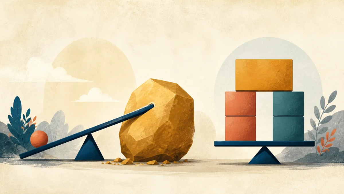 A small lever moving a large rock beside a balanced structure of borrowed and owned blocks