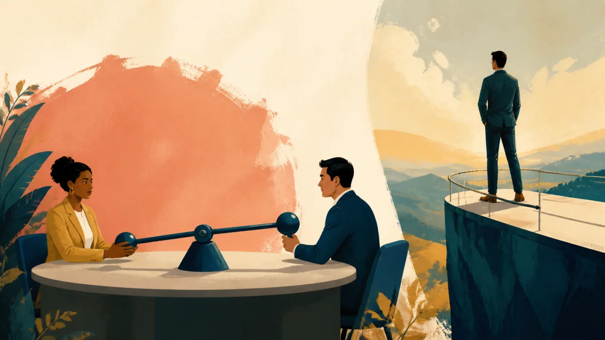 Two professionals using a lever across a negotiation table beside a person standing on a broad higher platform