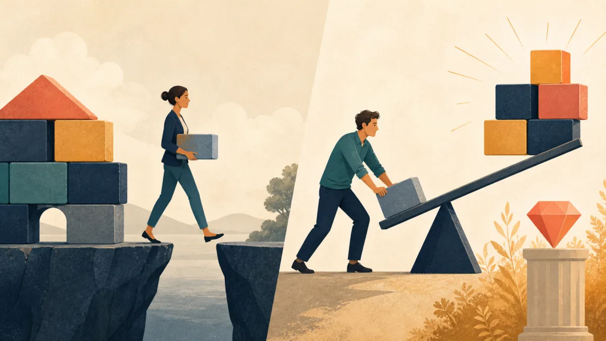 A professional carrying one borrowed block across a gap beside another using a lever to amplify an investment