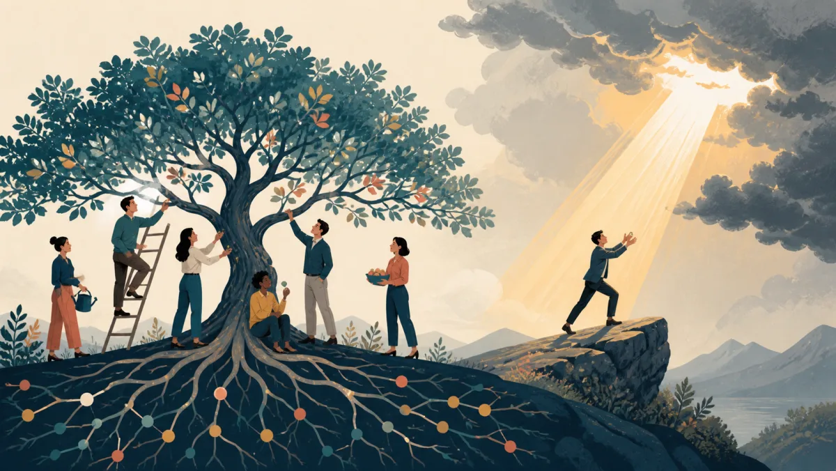 A team drawing repeatedly from a rooted tree network beside a professional acting within a brief opening of light