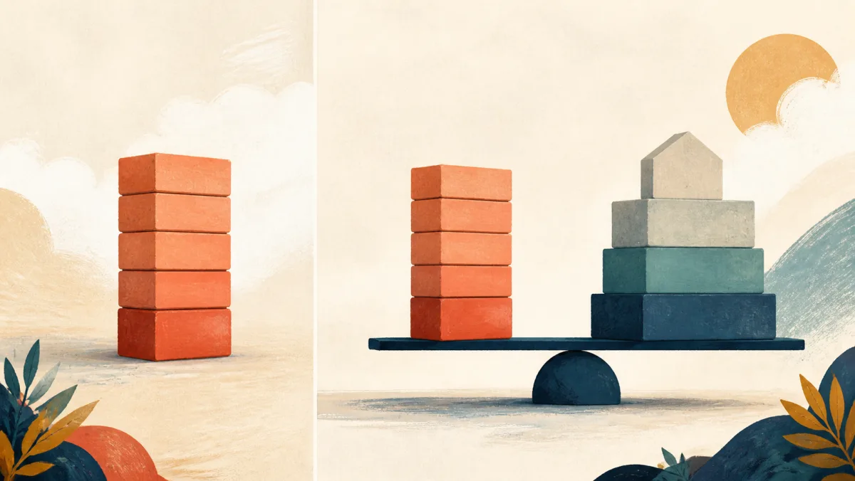A stack of borrowed blocks alone and the same stack balanced against an equity foundation