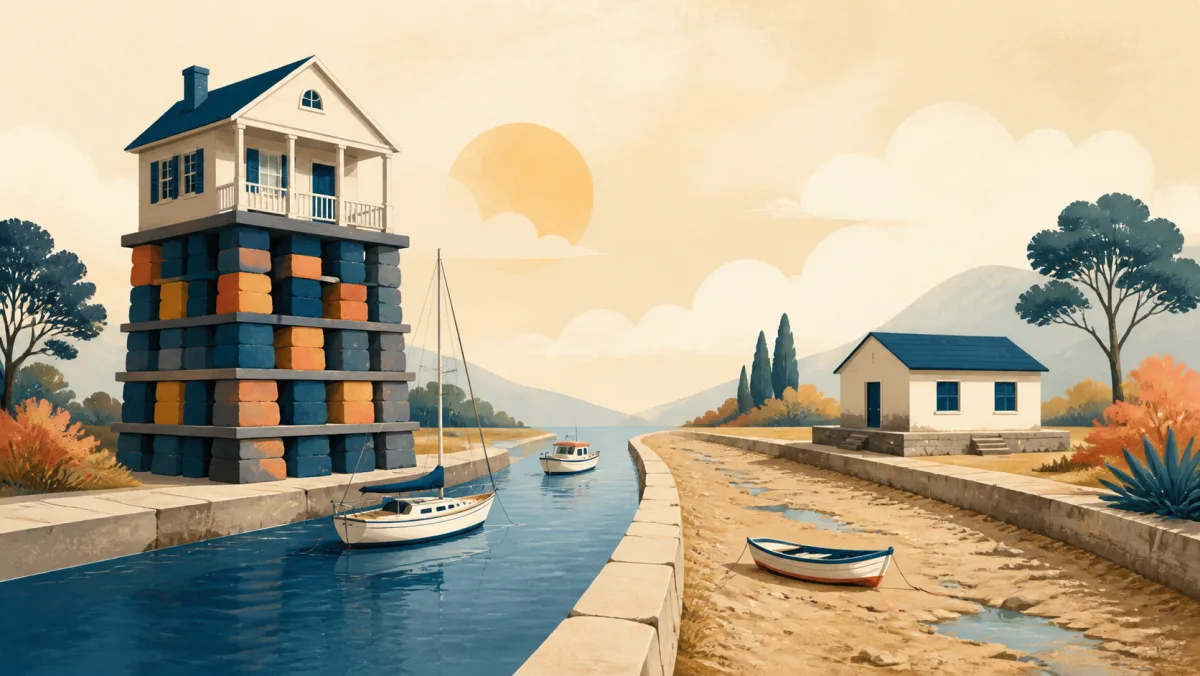 A heavily supported house beside a full water channel and a lightly supported house beside a dry channel
